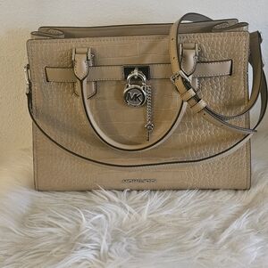 Michael Kors Tan Croc-Embossed Leather Satchel with Shoulder Strap